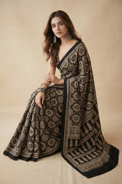 Mitti Ke Rang ~ Ajrakh Handblock Printed Modal Silk Saree in Black and Beige - verymuchindian.com