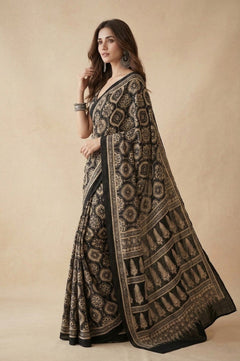 Mitti Ke Rang ~ Ajrakh Handblock Printed Modal Silk Saree in Black and Beige - verymuchindian.com