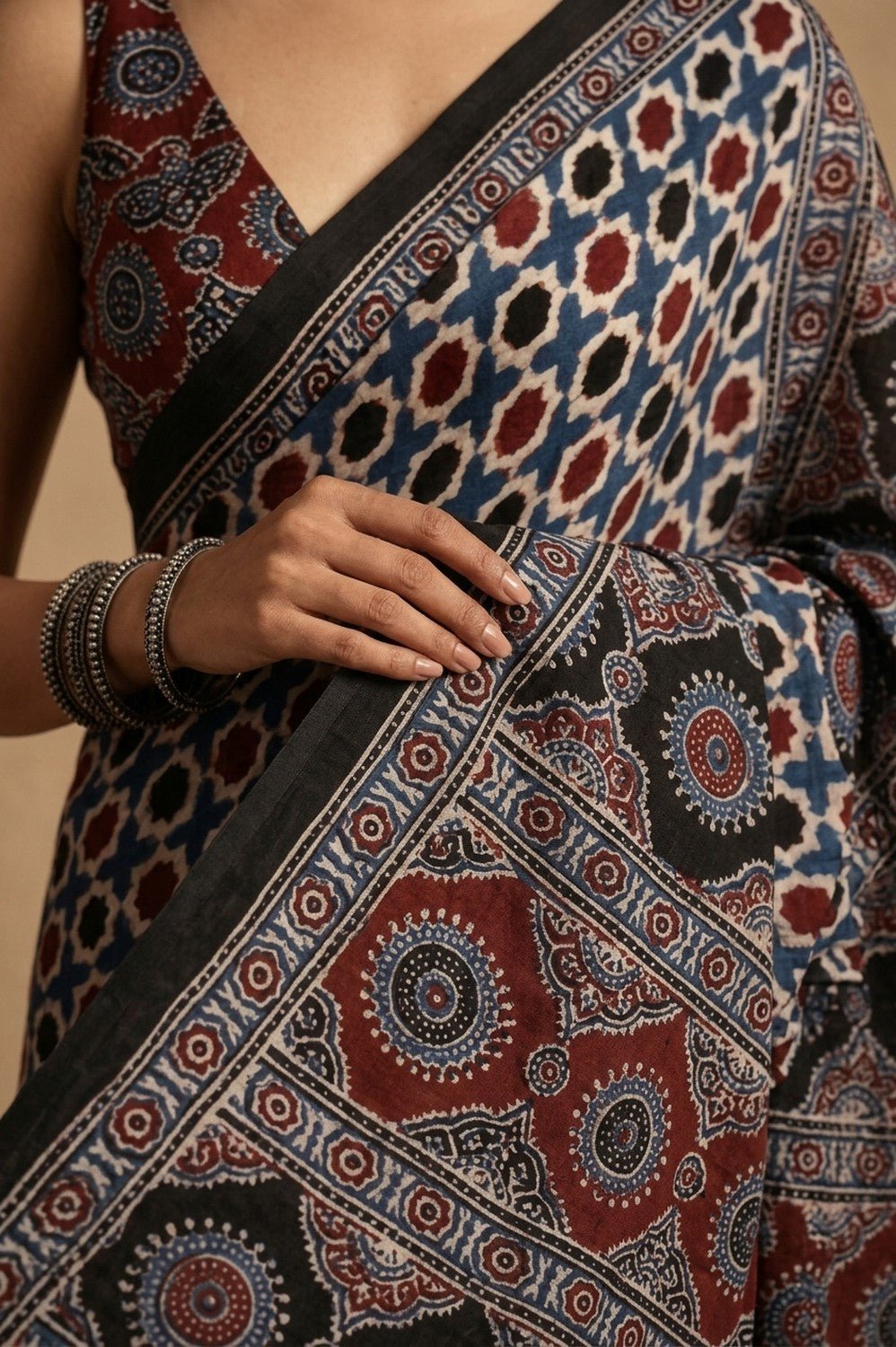 Mitti Ke Rang ~ Ajrakh Handblock Printed Modal Silk Saree in Black Blue - verymuchindian.com