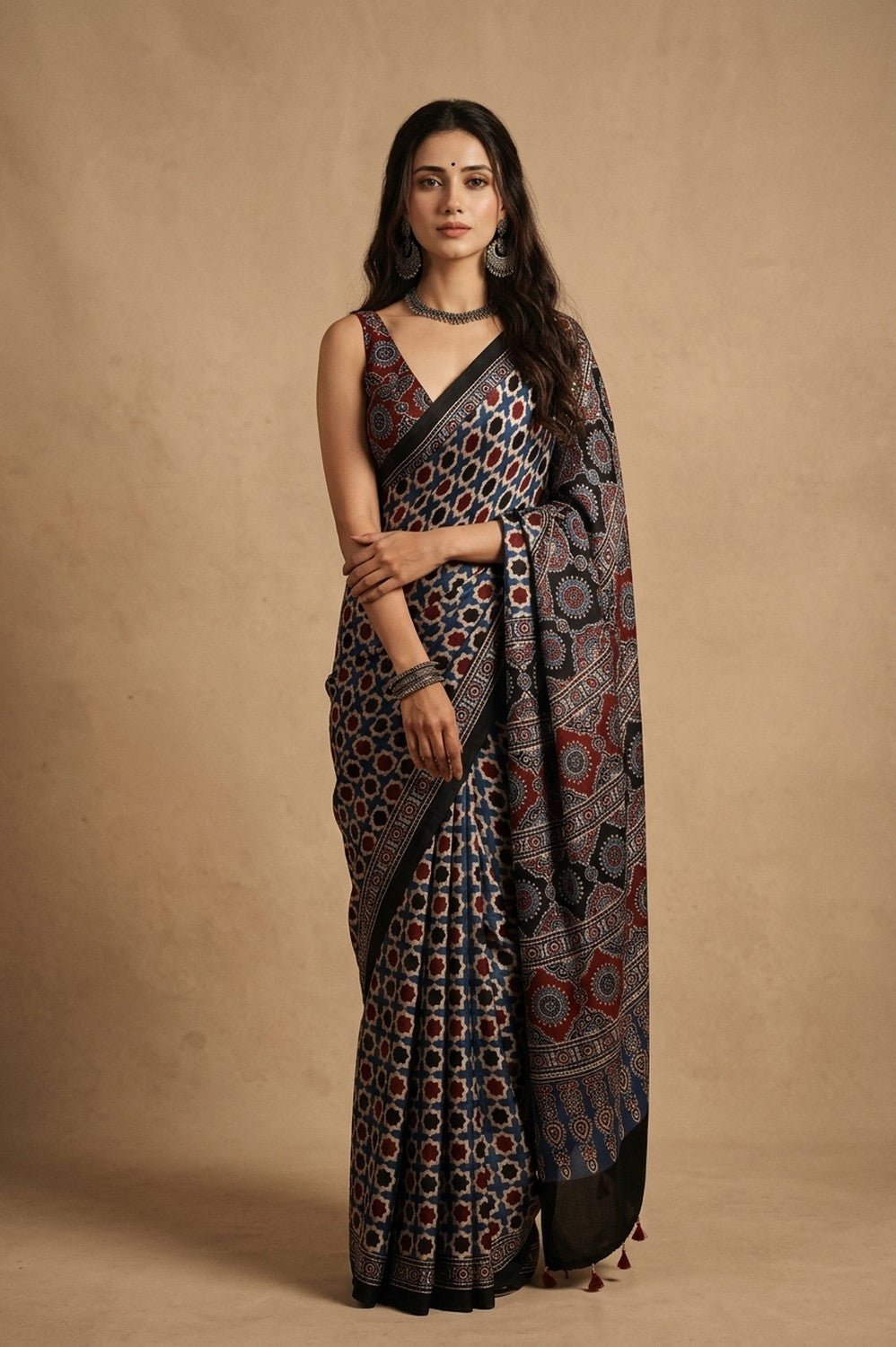 Mitti Ke Rang ~ Ajrakh Handblock Printed Modal Silk Saree in Black Blue - verymuchindian.com