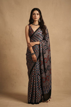 Mitti Ke Rang ~ Ajrakh Handblock Printed Modal Silk Saree in Black Blue - verymuchindian.com