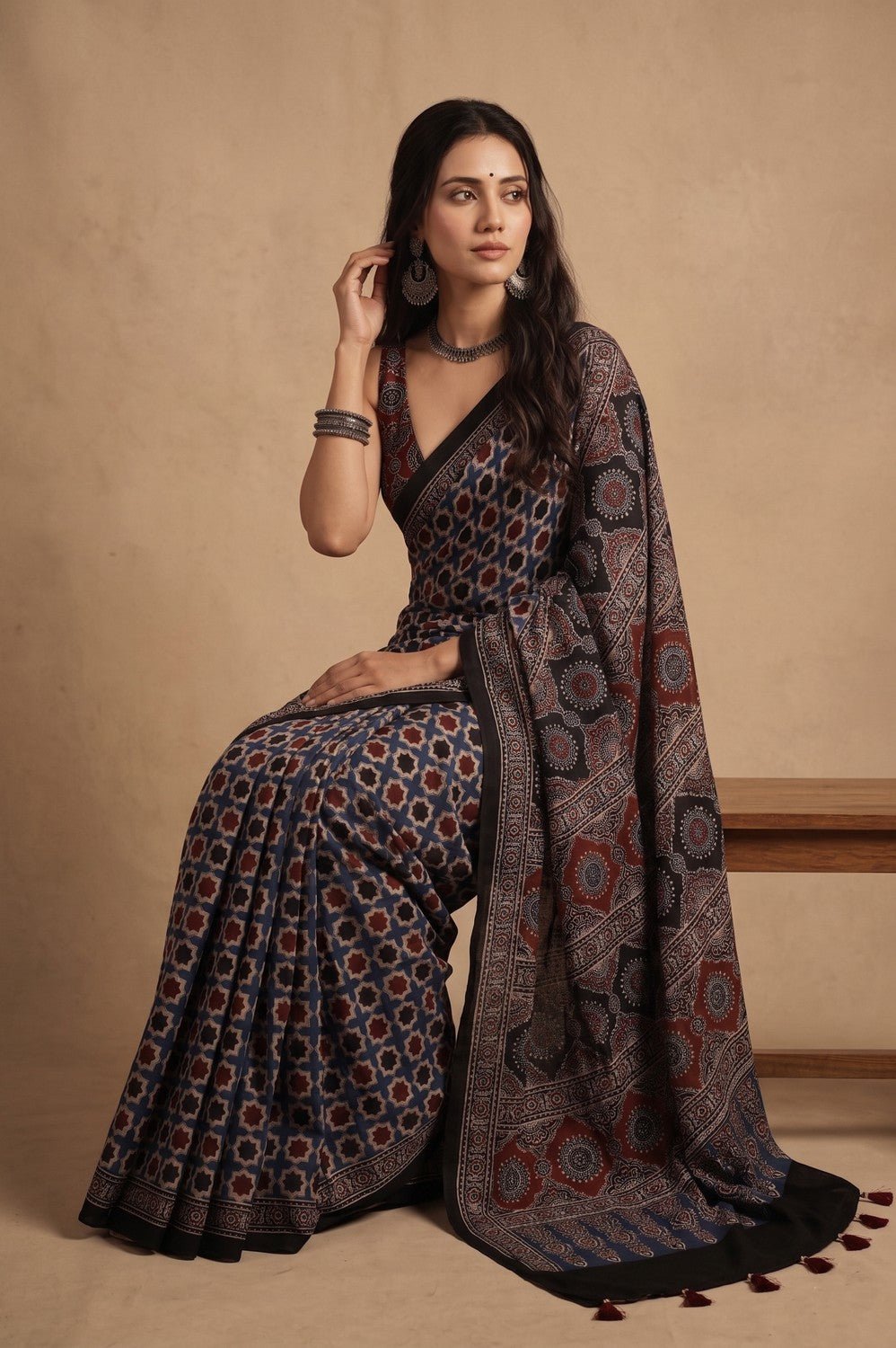 Mitti Ke Rang ~ Ajrakh Handblock Printed Modal Silk Saree in Black Blue - verymuchindian.com