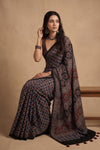 Mitti Ke Rang ~ Ajrakh Handblock Printed Modal Silk Saree in Black Blue - verymuchindian.com