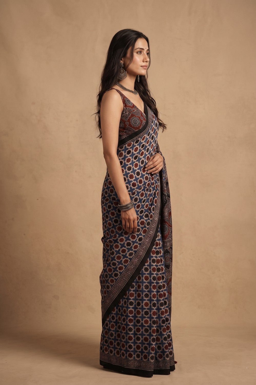 Mitti Ke Rang ~ Ajrakh Handblock Printed Modal Silk Saree in Black Blue - verymuchindian.com