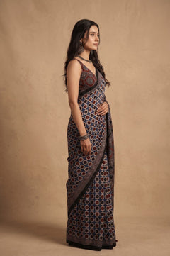 Mitti Ke Rang ~ Ajrakh Handblock Printed Modal Silk Saree in Black Blue - verymuchindian.com