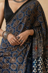 Mitti Ke Rang ~ Ajrakh Handblock Printed Modal Silk Saree in Blue - verymuchindian.com
