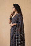 Mitti Ke Rang ~ Ajrakh Handblock Printed Modal Silk Saree in Blue - verymuchindian.com