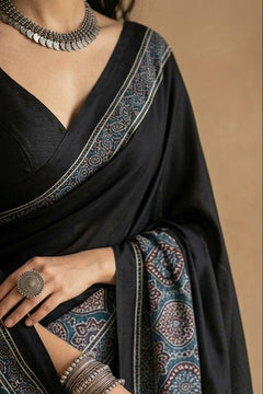 Mitti Ke Rang ~ Ajrakh Handblock Printed Modal Silk Saree in Blue and Black - verymuchindian.com