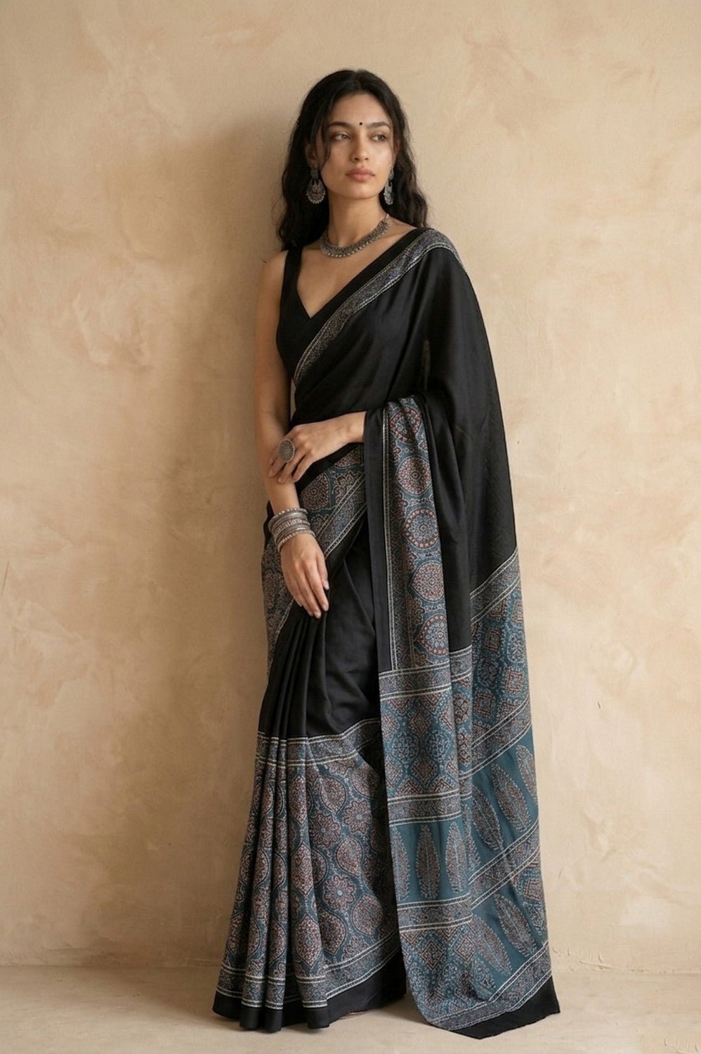 Mitti Ke Rang ~ Ajrakh Handblock Printed Modal Silk Saree in Blue and Black - verymuchindian.com