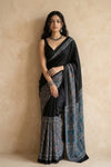 Mitti Ke Rang ~ Ajrakh Handblock Printed Modal Silk Saree in Blue and Black - verymuchindian.com