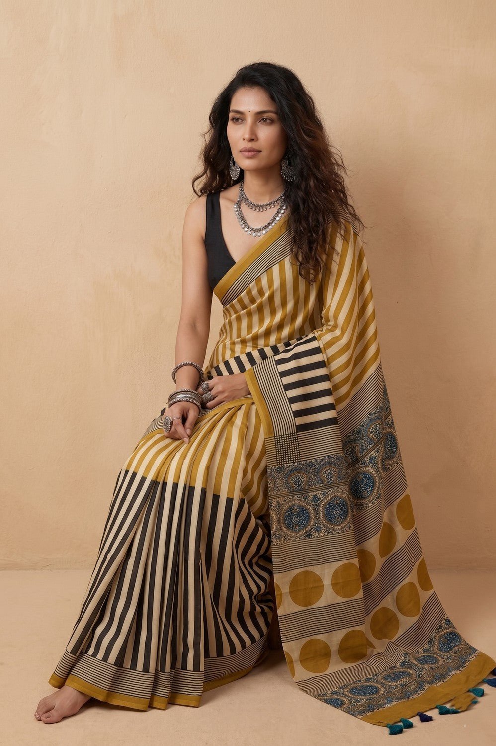 Mitti Ke Rang ~ Ajrakh Handblock Printed Modal Silk Saree in Mustard Yellow and Black - verymuchindian.com