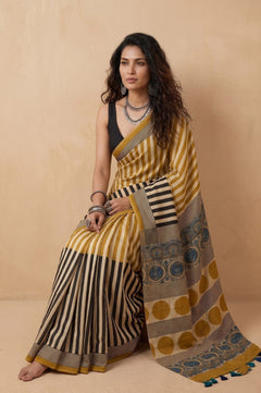 Mitti Ke Rang ~ Ajrakh Handblock Printed Modal Silk Saree in Mustard Yellow and Black - verymuchindian.com