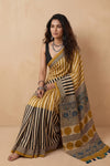 Mitti Ke Rang ~ Ajrakh Handblock Printed Modal Silk Saree in Mustard Yellow and Black - verymuchindian.com