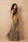 Mitti Ke Rang ~ Ajrakh Handblock Printed Modal Silk Saree in Mustard Yellow and Black - verymuchindian.com
