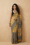 Mitti Ke Rang ~ Ajrakh Handblock Printed Modal Silk Saree in Mustard Yellow and Black - verymuchindian.com