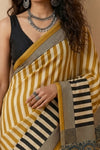 Mitti Ke Rang ~ Ajrakh Handblock Printed Modal Silk Saree in Mustard Yellow and Black - verymuchindian.com
