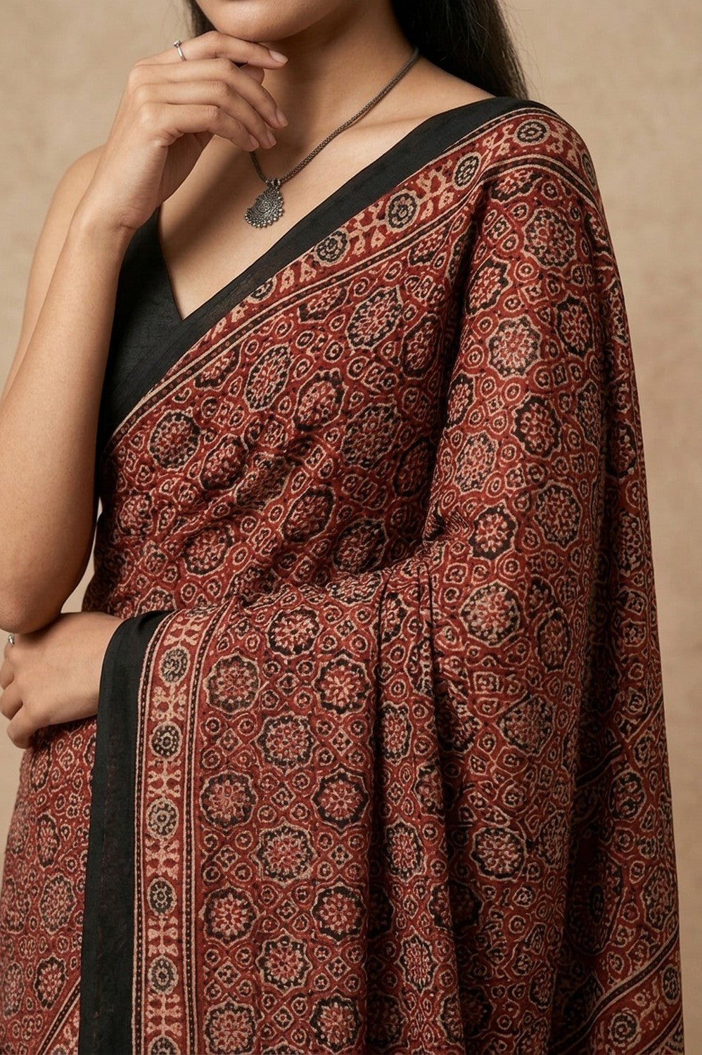 Mitti Ke Rang ~ Ajrakh Handblock Printed Modal Silk Saree in Red - verymuchindian.com