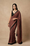 Mitti Ke Rang ~ Ajrakh Handblock Printed Modal Silk Saree in Red - verymuchindian.com