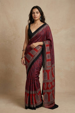 Mitti Ke Rang ~ Ajrakh Handblock Printed Modal Silk Saree in Red - verymuchindian.com