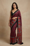 Mitti Ke Rang ~ Ajrakh Handblock Printed Modal Silk Saree in Red - verymuchindian.com