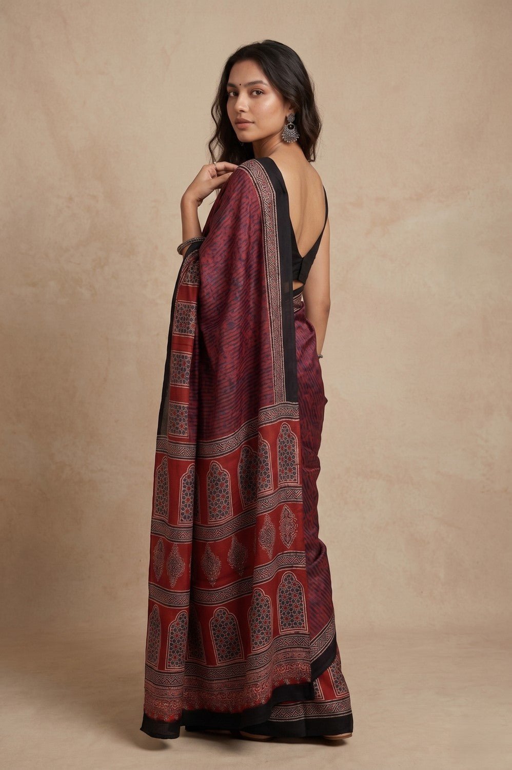 Mitti Ke Rang ~ Ajrakh Handblock Printed Modal Silk Saree in Red - verymuchindian.com