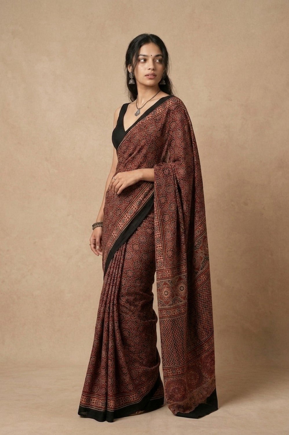Mitti Ke Rang ~ Ajrakh Handblock Printed Modal Silk Saree in Red - verymuchindian.com