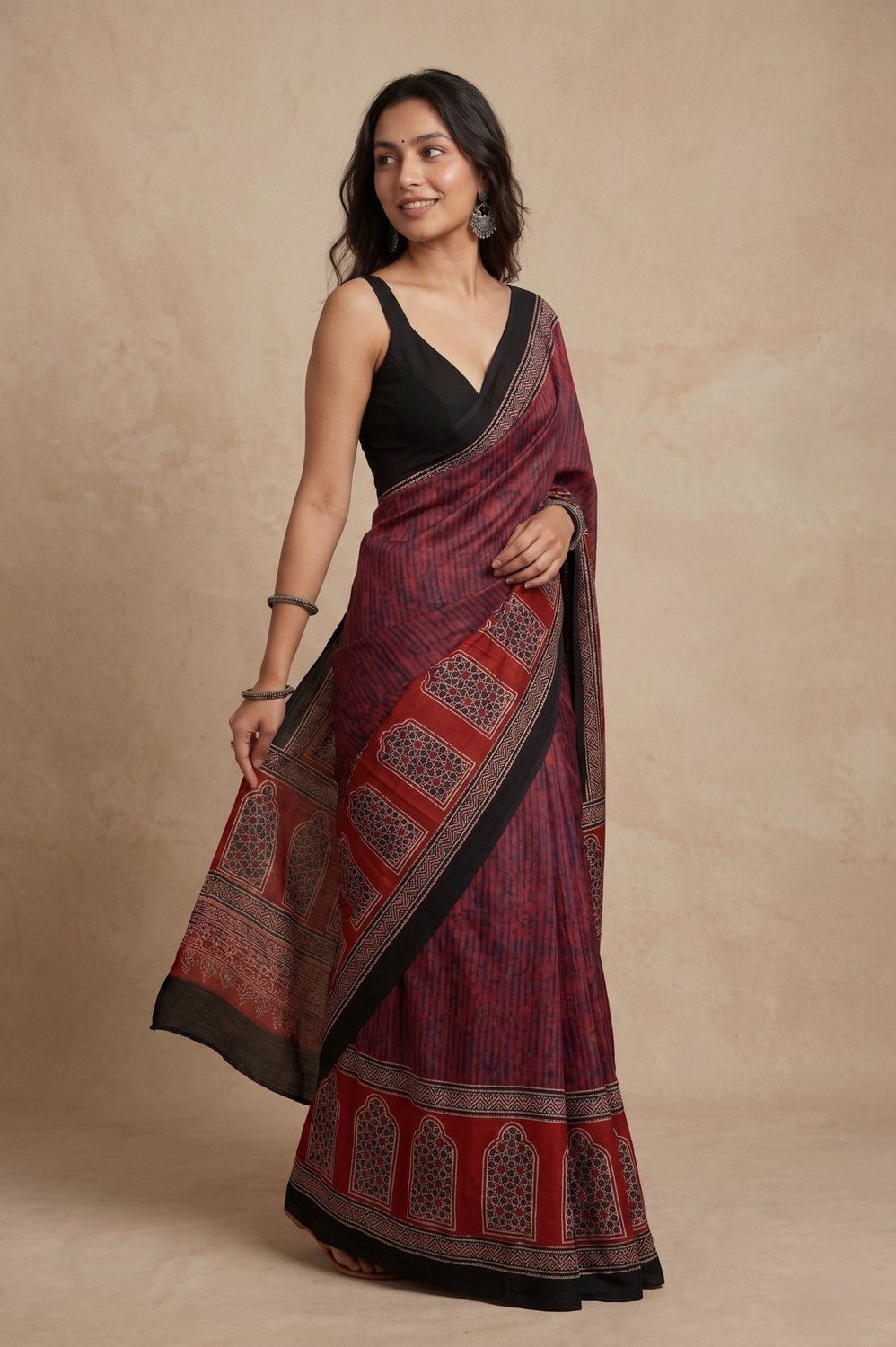 Mitti Ke Rang ~ Ajrakh Handblock Printed Modal Silk Saree in Red - verymuchindian.com