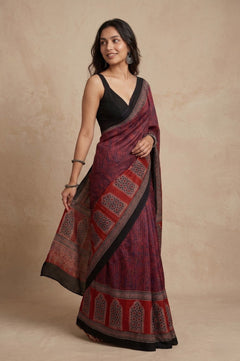 Mitti Ke Rang ~ Ajrakh Handblock Printed Modal Silk Saree in Red - verymuchindian.com