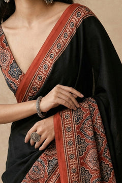 Mitti Ke Rang ~ Ajrakh Handblock Printed Modal Silk Saree in Red and Black - verymuchindian.com