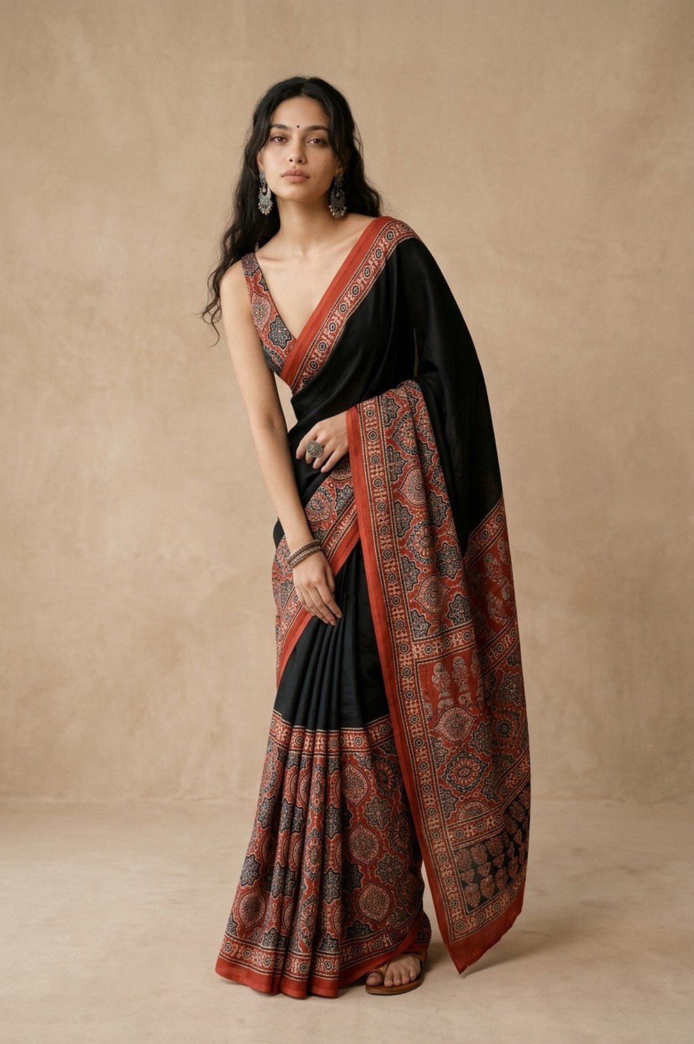 Mitti Ke Rang ~ Ajrakh Handblock Printed Modal Silk Saree in Red and Black - verymuchindian.com