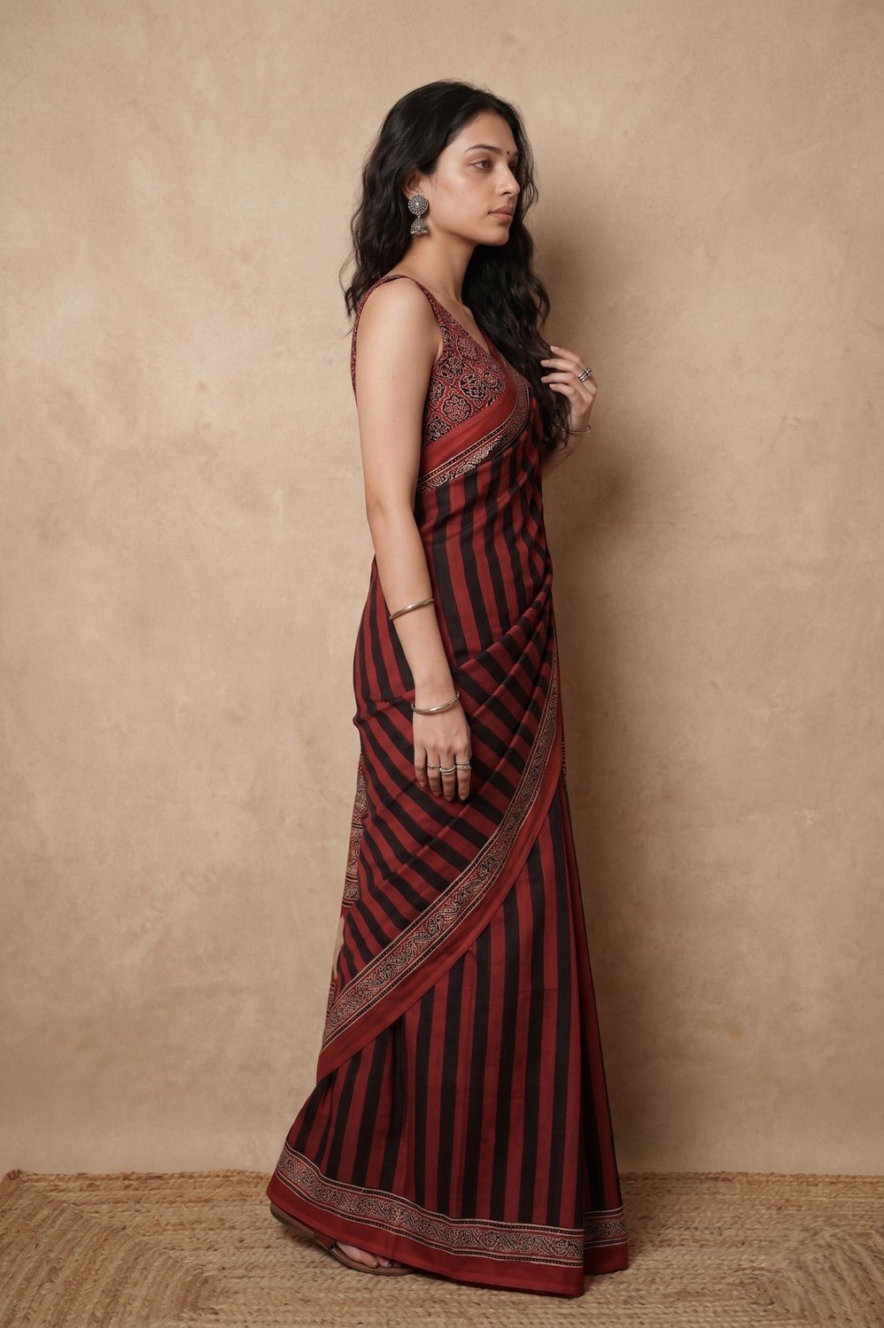 Mitti Ke Rang ~ Ajrakh Handblock Printed Modal Silk Saree in Red and Black Stripe - verymuchindian.com