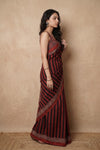 Mitti Ke Rang ~ Ajrakh Handblock Printed Modal Silk Saree in Red and Black Stripe - verymuchindian.com