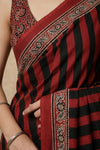 Mitti Ke Rang ~ Ajrakh Handblock Printed Modal Silk Saree in Red and Black Stripe - verymuchindian.com