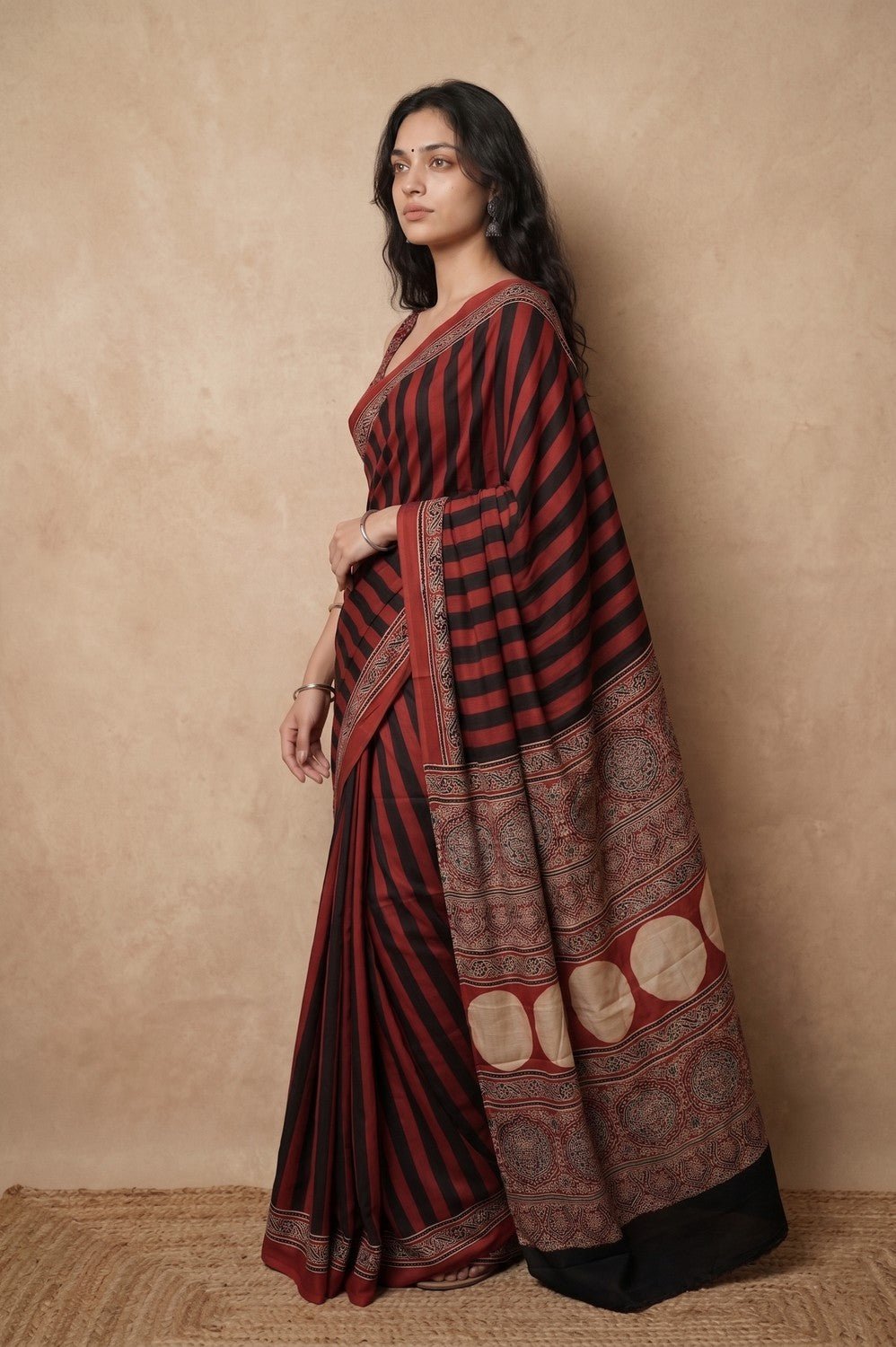 Mitti Ke Rang ~ Ajrakh Handblock Printed Modal Silk Saree in Red and Black Stripe - verymuchindian.com