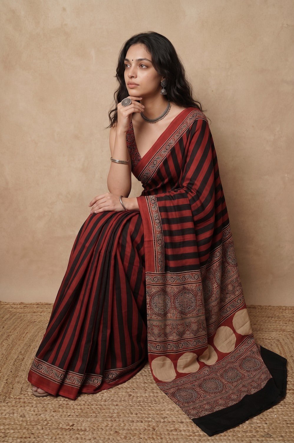 Mitti Ke Rang ~ Ajrakh Handblock Printed Modal Silk Saree in Red and Black Stripe - verymuchindian.com