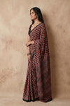 Mitti Ke Rang ~ Ajrakh Handblock Printed Modal Silk Saree In Red Blue - verymuchindian.com