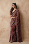 Mitti Ke Rang ~ Ajrakh Handblock Printed Modal Silk Saree In Red Blue - verymuchindian.com