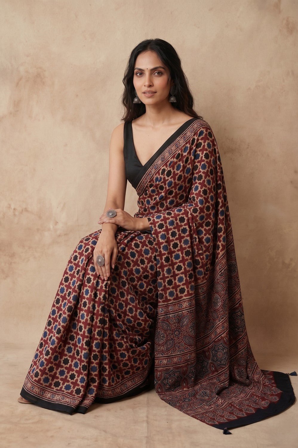 Mitti Ke Rang ~ Ajrakh Handblock Printed Modal Silk Saree In Red Blue - verymuchindian.com