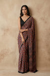 Mitti Ke Rang ~ Ajrakh Handblock Printed Modal Silk Saree In Red Blue - verymuchindian.com