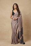 Mitti Ke Rang ~ Ajrakh Handblock Printed Modal Silk Saree in Warm Taupe and Beige - verymuchindian.com