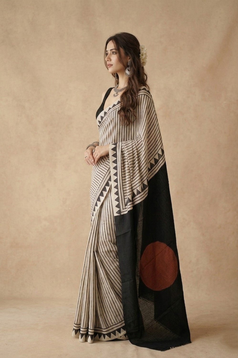Mitti Ke Rang ~ Ajrakh Handblock Printed Modal Silk Saree Stripe in Beige with Black Pallu - verymuchindian.com