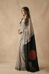 Mitti Ke Rang ~ Ajrakh Handblock Printed Modal Silk Saree Stripe in Beige with Black Pallu - verymuchindian.com