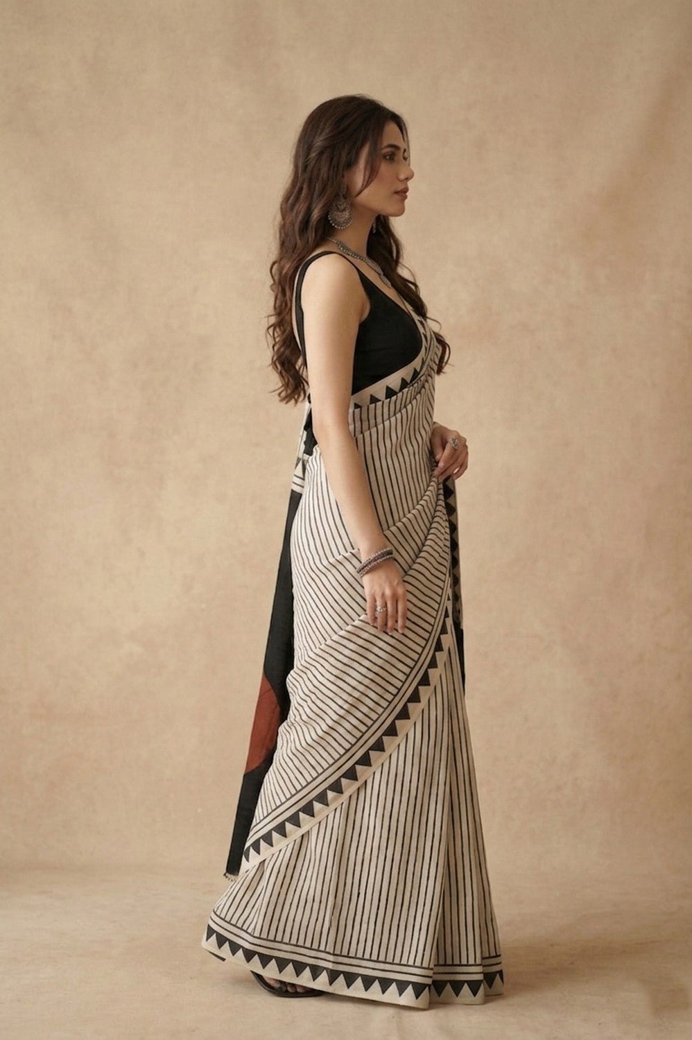 Mitti Ke Rang ~ Ajrakh Handblock Printed Modal Silk Saree Stripe in Beige with Black Pallu - verymuchindian.com