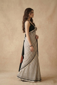 Mitti Ke Rang ~ Ajrakh Handblock Printed Modal Silk Saree Stripe in Beige with Black Pallu - verymuchindian.com