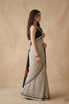 Mitti Ke Rang ~ Ajrakh Handblock Printed Modal Silk Saree Stripe in Beige with Black Pallu - verymuchindian.com