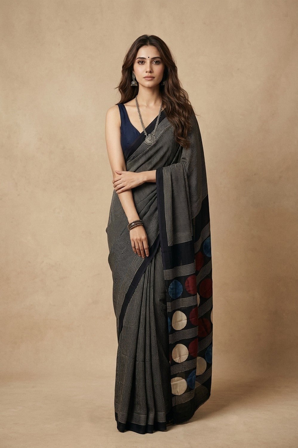 Mitti Ke Rang ~ Ajrakh Handblock Printed Modal Silk Saree Stripe in Black - verymuchindian.com