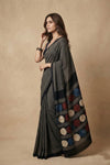 Mitti Ke Rang ~ Ajrakh Handblock Printed Modal Silk Saree Stripe in Black - verymuchindian.com