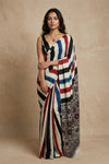 Mitti Ke Rang ~ Ajrakh Handblock Printed Modal Silk Saree with Stripe in Beige - verymuchindian.com