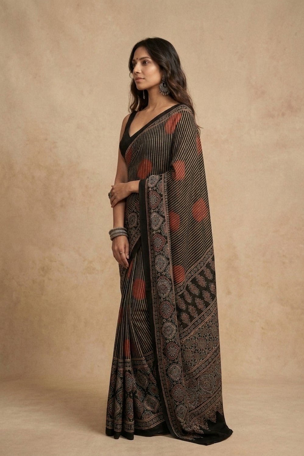 Mitti Ke Rang ~ Ajrakh Handblock Printed Modal Silk Saree with Stripe in Black - verymuchindian.com