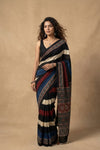 Mitti Ke Rang ~ Ajrakh Handblock Printed Modal Silk Saree with Stripe in Black - verymuchindian.com